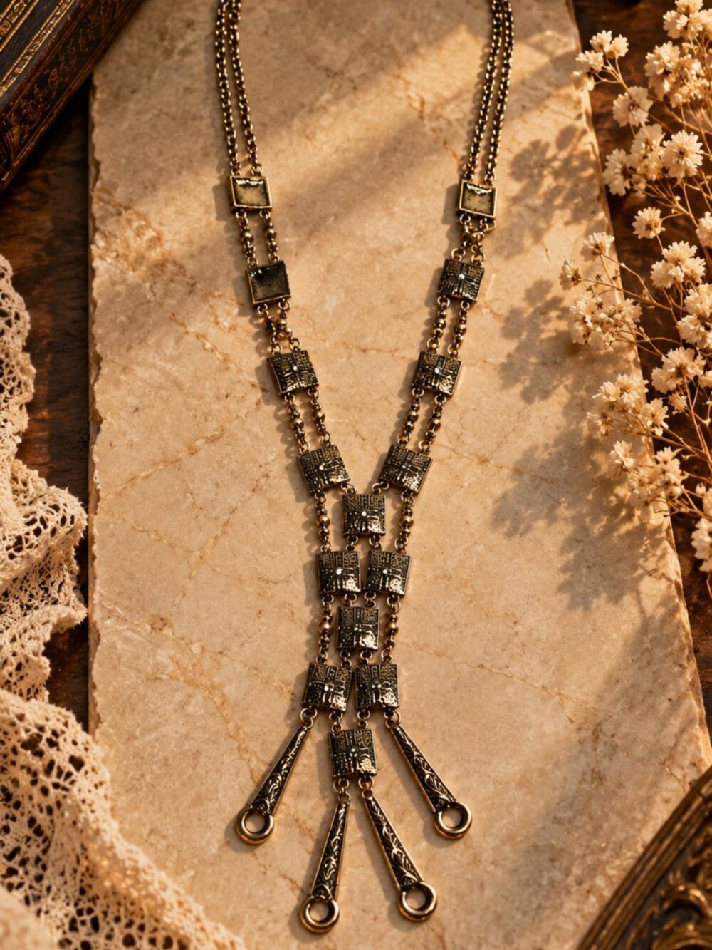 Vintage Gold Tone Multi-Strand Statement Necklace – Ornate Geometric Design